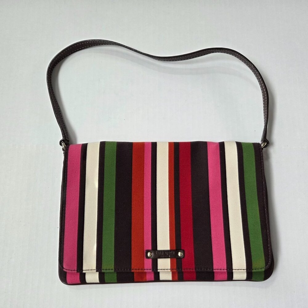 Kate Spade Rainbow Stripe Canvas Flap & Brown Leather Shoulder Bag Preppy Y2K